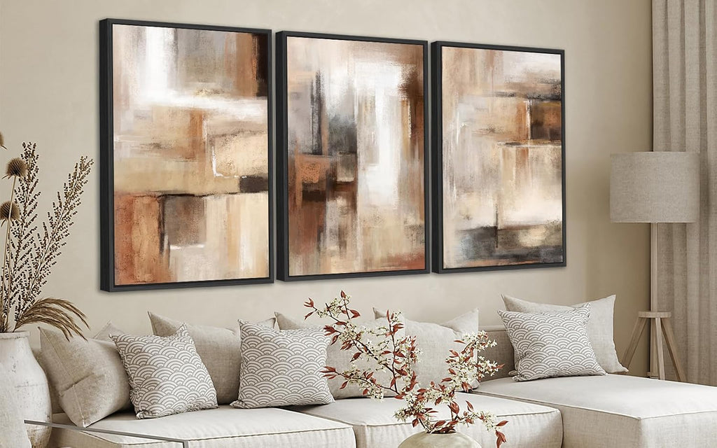 ASDCEUTICALS Large Canvas Wall Art - Brown and Beige Abstract Pictures for Living Room Vintage Wall Decor Retro Rustic Paintings Black Float Framed for Bedroom Dinning Room 24' X 36' X 3 pcs