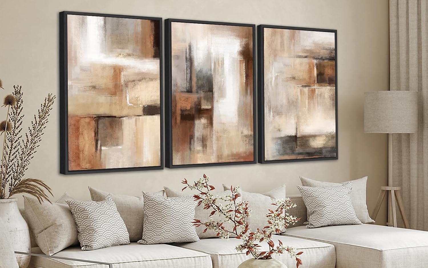 ASDCEUTICALS Large Canvas Wall Art - Brown and Beige Abstract Pictures for Living Room Vintage Wall Decor Retro Rustic Paintings Black Float Framed for Bedroom Dinning Room 24' X 36' X 3 pcs