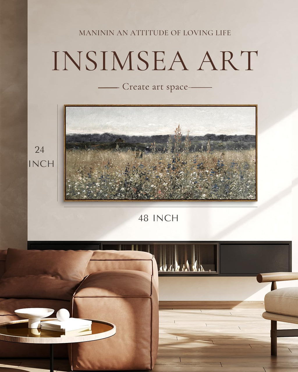 InSimSea Extra Large Framed Vintage Wall Art, Living Room Country Farmhouse Decor, Flower Meadow Landscape Paintings, Canvas Prints, Retro Scenery Long Pictures for Bedroom Above of Bed,24x48inch