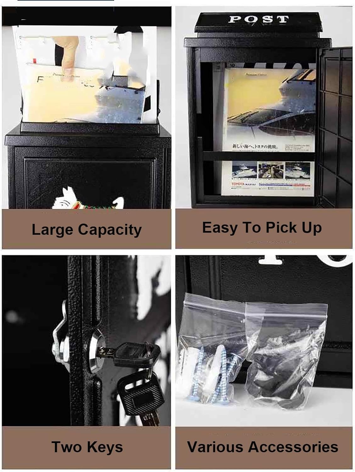 Large Capacity Wall Mounted Locking Mailbox, Steel Cover Metal Postbox for House, Cast Aluminum, 11X5X16 Inch(Black)