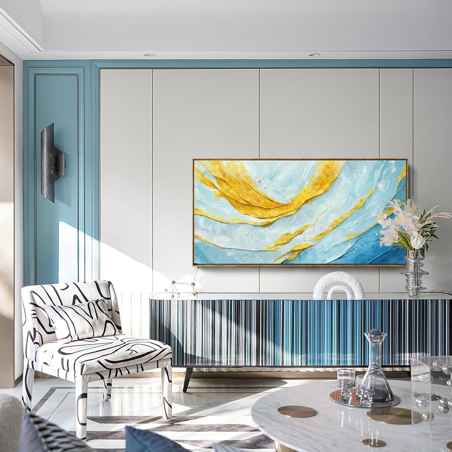 Nicetop Framed Abstract Wall Art for Living Room– Large Size Coastal Canvas Print Modern Picture Horizontal Blue and Gold Artwork with Wood Frame for Bedroom Home Office Aesthetic Decor 48x24 Inch