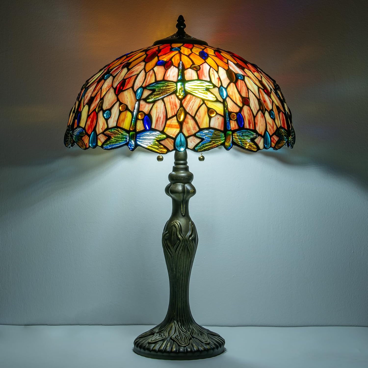 Tiffany Lamp 16' Red Orange Dragonfly Stained Glass Table Lamp for Large Space Vintage Style Antique Bronze Base Desk Light Decorate Bedside Bedroom Living Room Entry Hallway Home Office