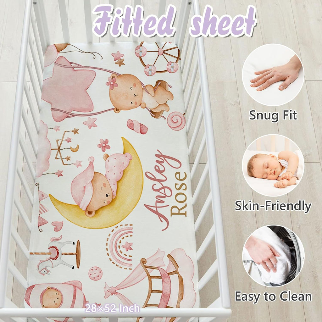 Custom Baby Crib Bedding Set, 5 PCS Personalized Name Baby Crib Sets for Girls Boys, Pink Bear Theme Nursery Bedding Sets for Infant Toddler, Double Layer Flannel Bed Set Customized Gifts