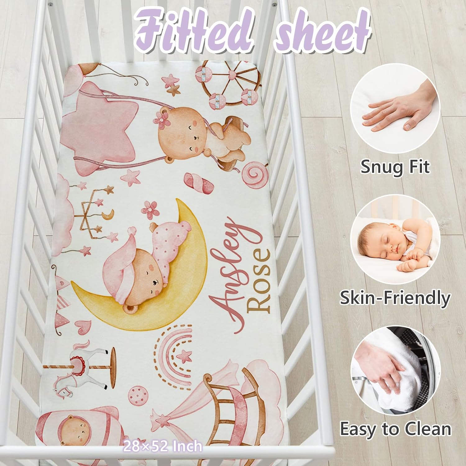Custom Baby Crib Bedding Set, 5 PCS Personalized Name Baby Crib Sets for Girls Boys, Pink Bear Theme Nursery Bedding Sets for Infant Toddler, Double Layer Flannel Bed Set Customized Gifts