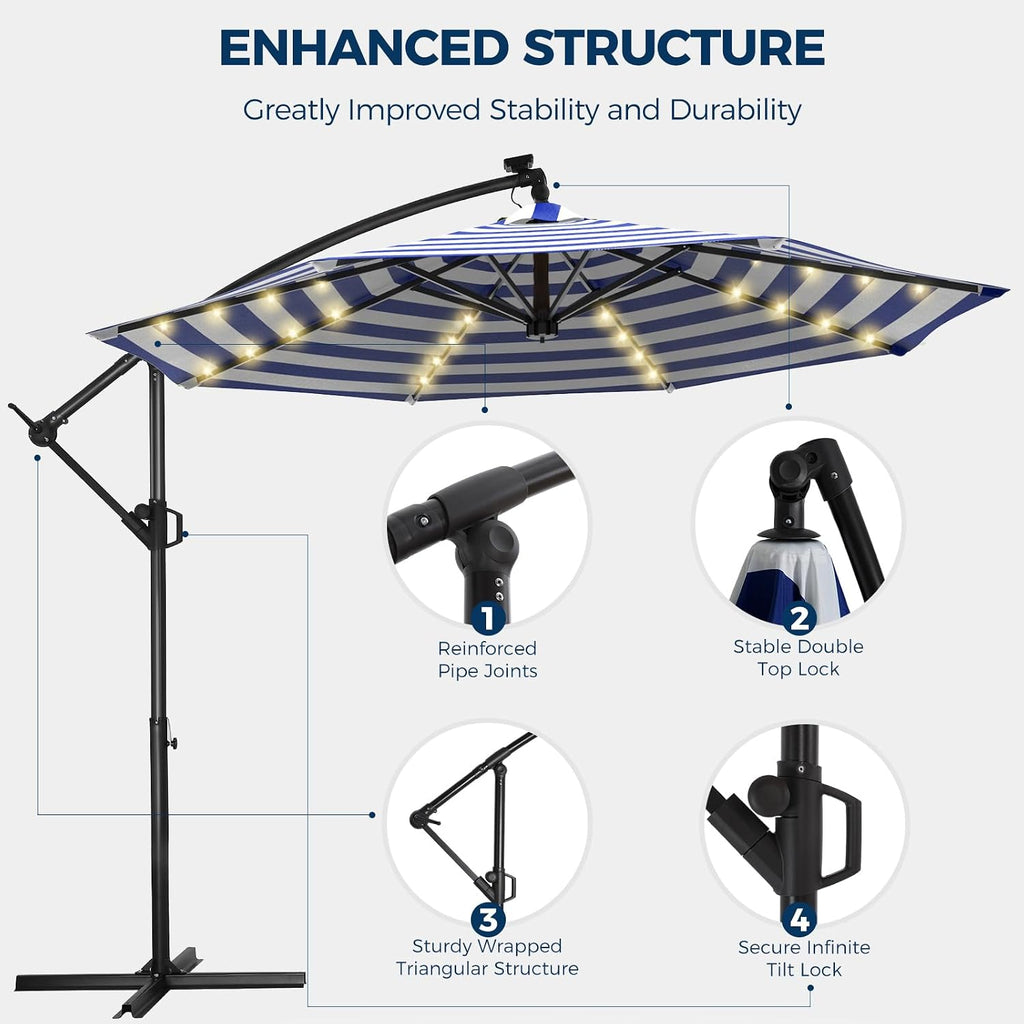 HOMSHADE 10ft Solar Lights Offset Cantilever Patio Umbrella - with Light and Base, LED Offset Patio Outdoor Umbrella UPF50+ UV Protection with Easy Tilt and Crank (Navy&White Stripes)