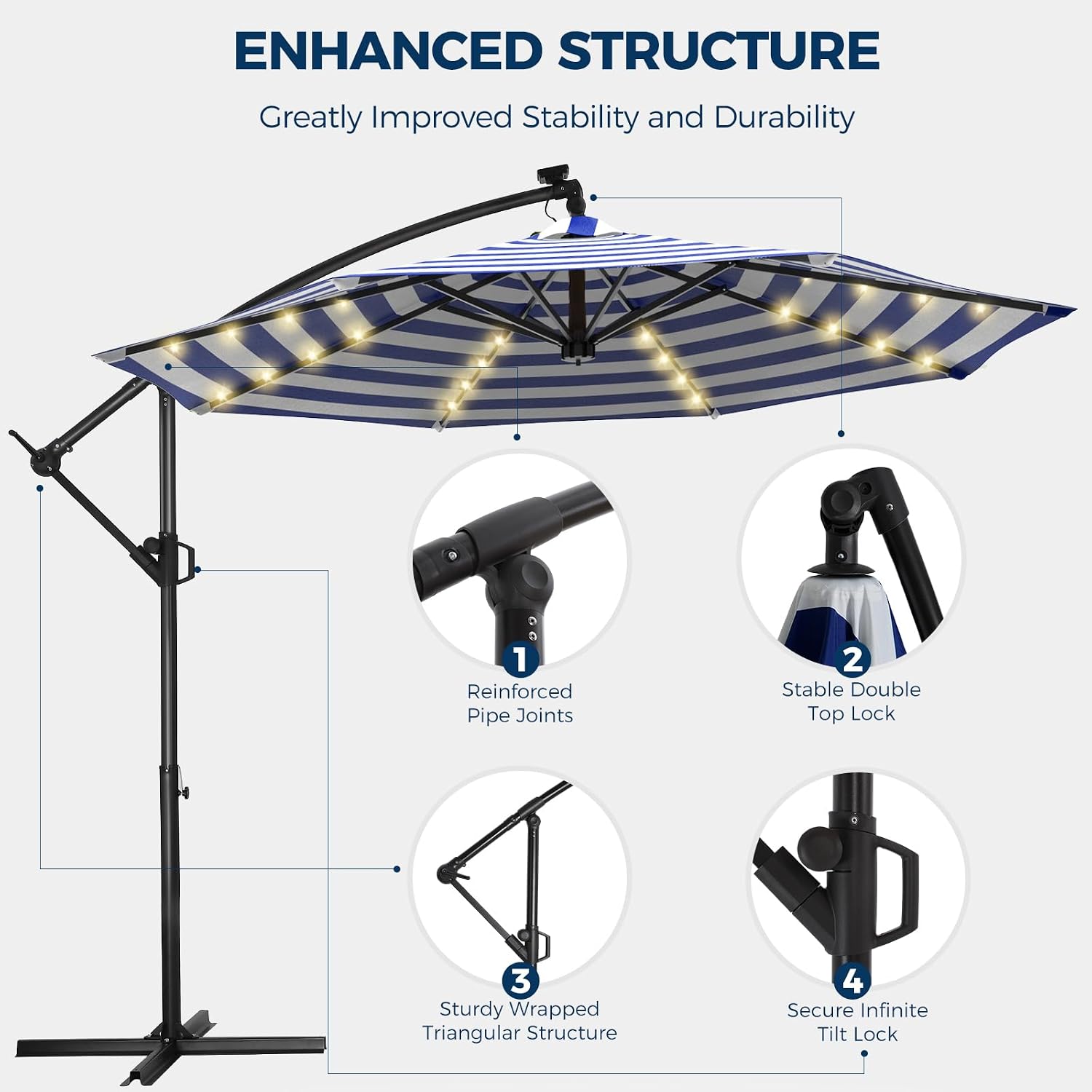 HOMSHADE 10ft Solar Lights Offset Cantilever Patio Umbrella - with Light and Base, LED Offset Patio Outdoor Umbrella UPF50+ UV Protection with Easy Tilt and Crank (Navy&White Stripes)