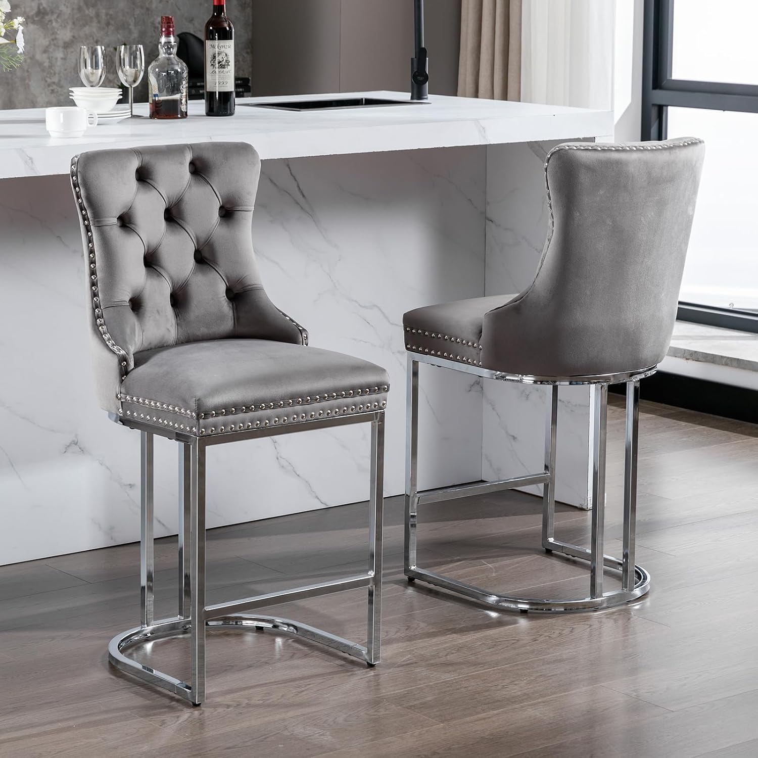 25' Counter Height Bar Stools Set of 6, Velvet Counter Stools for Kitchen Island, Tufted High Chair with Backs, Fabric Upholstered Modern Barstools for Pub Cafe, Chromed Metal Legs (Gray, 6Pcs)