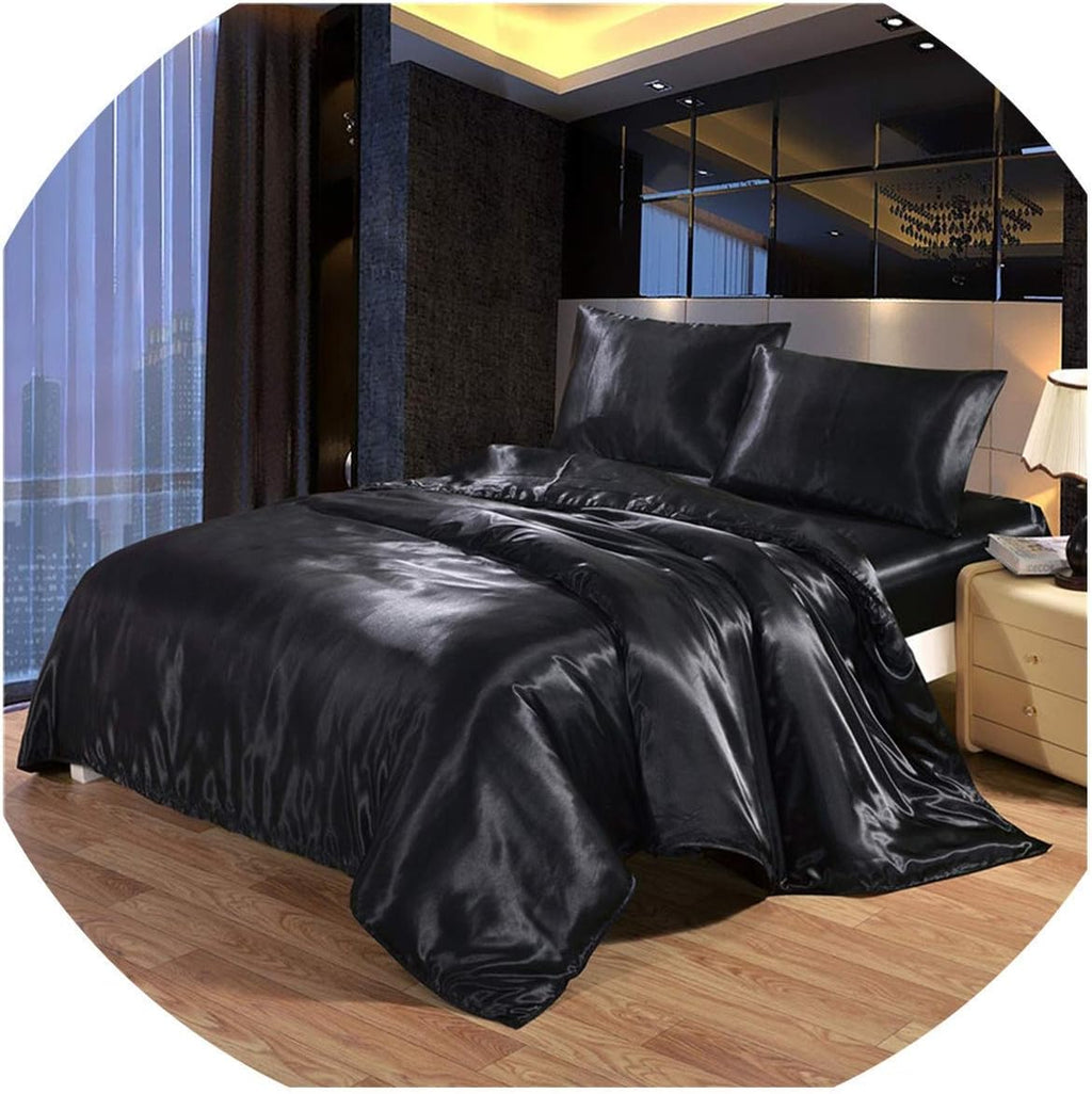 100% Pure Silk Satin Sheet Set 7pcs, Deep Pocket Fitted Sheet, Flat Sheet, Duvet Cover & Pillowcases Set|Cool Soft, Wrinkle Free, Fade Resistant|Twin, Black