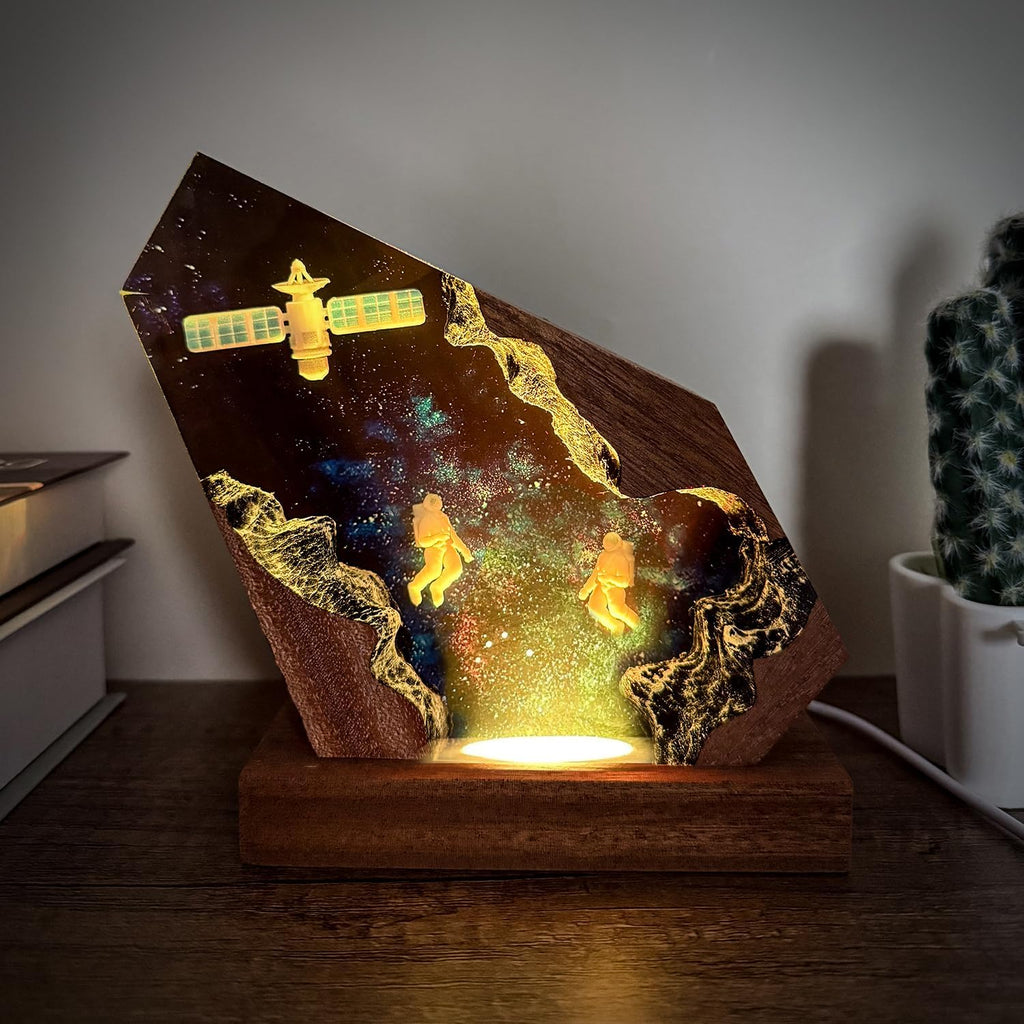 Handcrafted Astronaut Resin Lamp, RGB Galaxy Light with Wood Base USB Charging, Space Themed Bedroom Decor, Astronomy Gift for Teens,Sci-Fi Lovers Birthday & Christmas (L 10'x6')