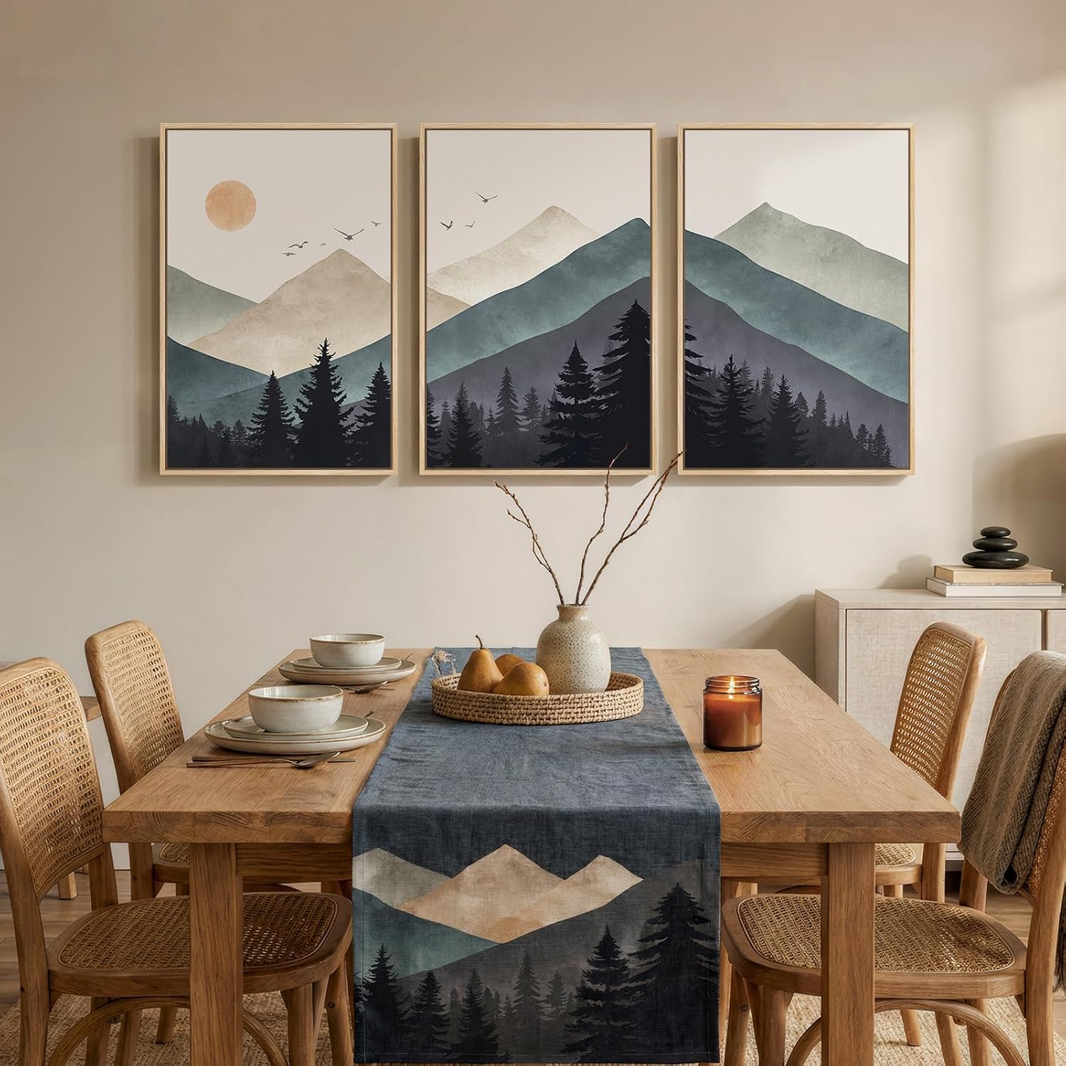 Framed Boho Abstract Neutral Landscape Wall Art for Living Room, Large 3 Piece Mountain Forest Canvas Artwork for Walls, Modern Minimalist Nature Pictures Bedroom Hallway Office Wall Decor, 20x30 Inch