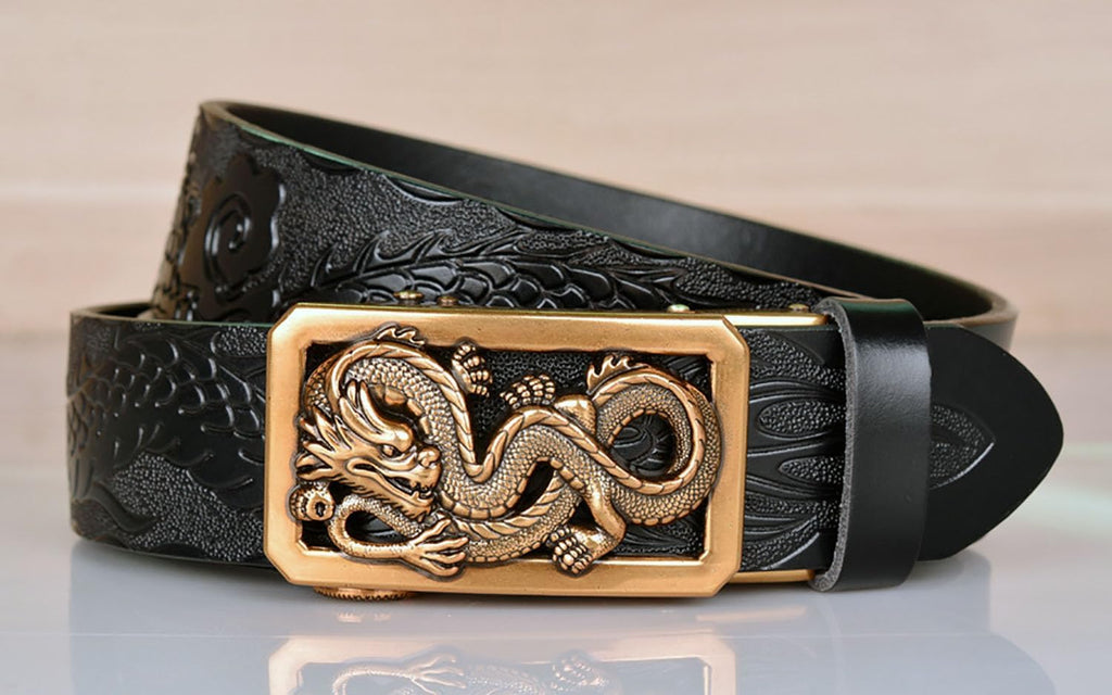 Mens Ratchet Leather Belt, Genuine Leather belts, Engraved Vintage Dragon Eagle Tiger Buckle, Business leisure belt