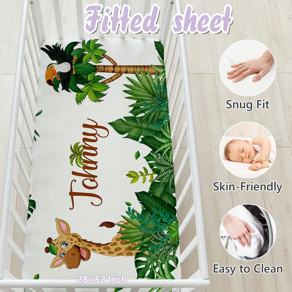 Personalized Baby Crib Bedding Set, 5 Pcs Custom Name Nursery Bedding Set for Girls Boys, Jungle Animals Baby Crib Set for Toddlers Infants, Double Layer Bedding Crib Sets Customized Gifts