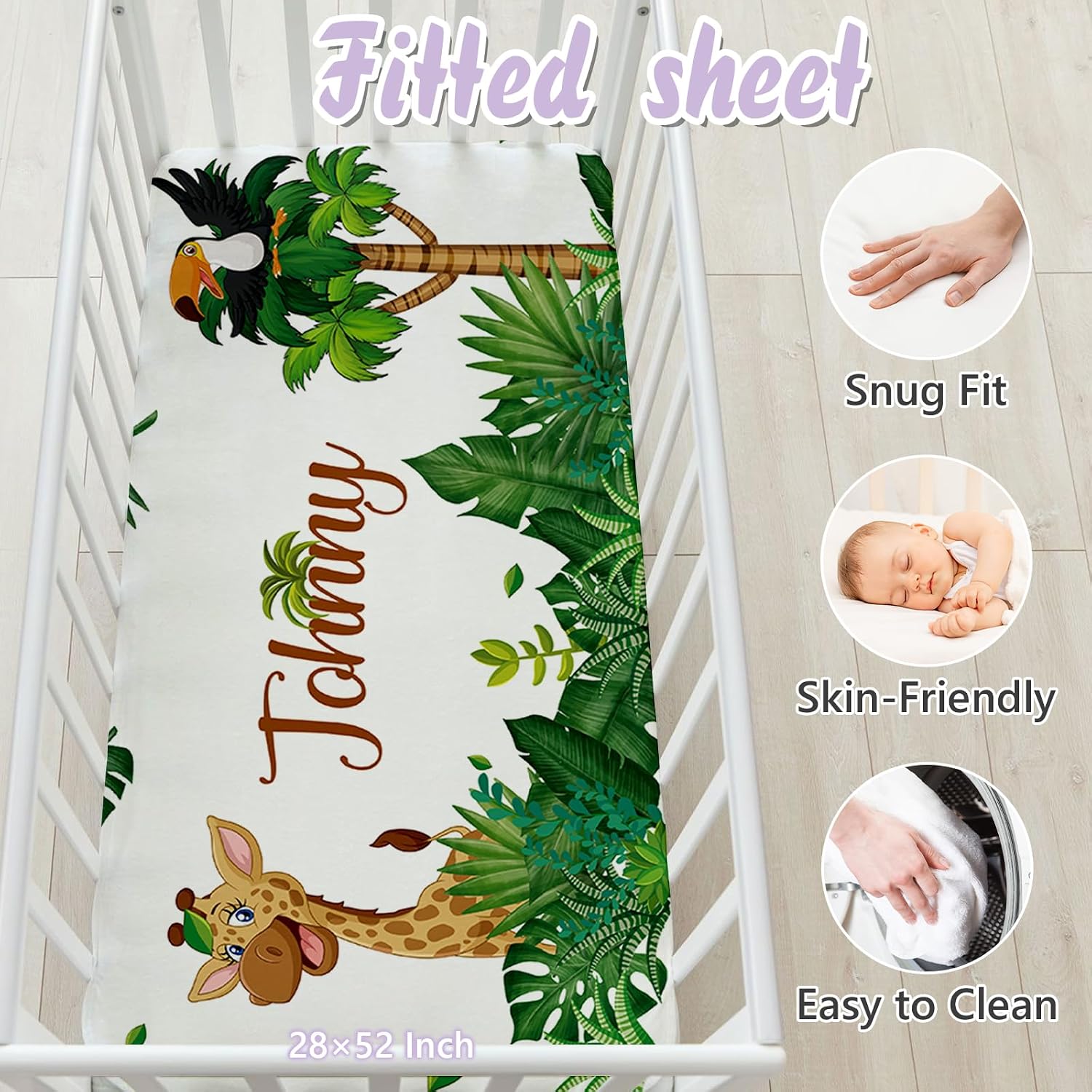 Personalized Baby Crib Bedding Set, 5 Pcs Custom Name Nursery Bedding Set for Girls Boys, Jungle Animals Baby Crib Set for Toddlers Infants, Double Layer Bedding Crib Sets Customized Gifts