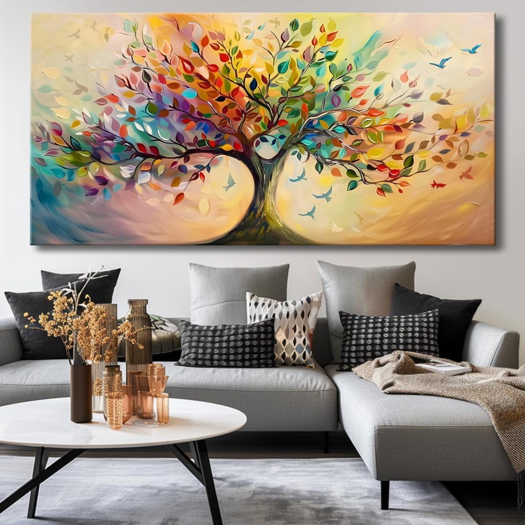 Vibrant Tree of Life Wall Art Colorful Framed Canvas Print for Living Room, Bedroom, Dining Room, or Home Office Modern Ready to Hang Decor,Nature Inspired Home Decoration - 71'x36'