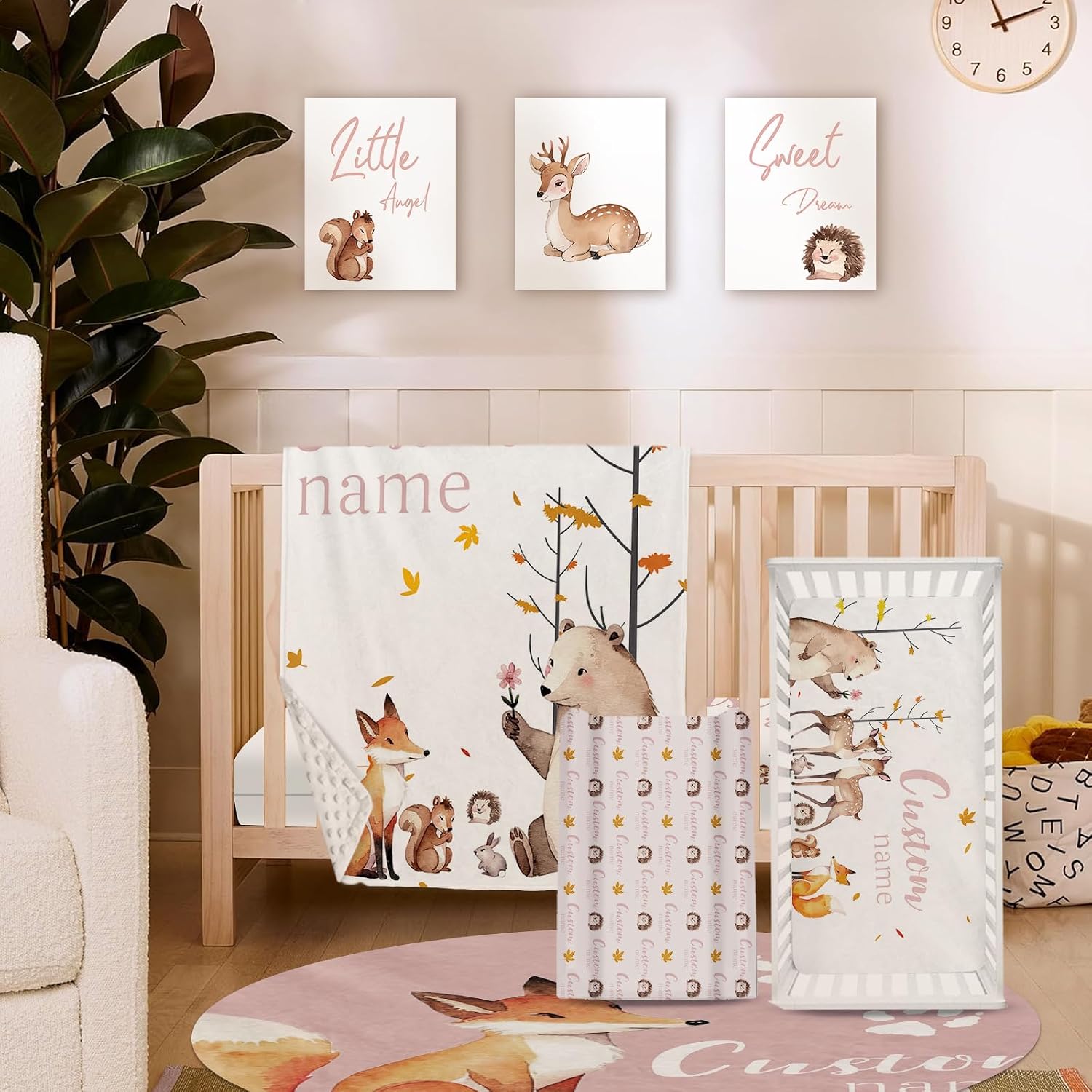 Personalized Baby Crib Bedding Set for Baby Girls, Fox Sika Deer Pattern Custom Name Baby Crib Sets 5-Pcs, Toddler Double Layer Blanket Fitted Sheets Changing Pad Cover Rug Wall Art Set
