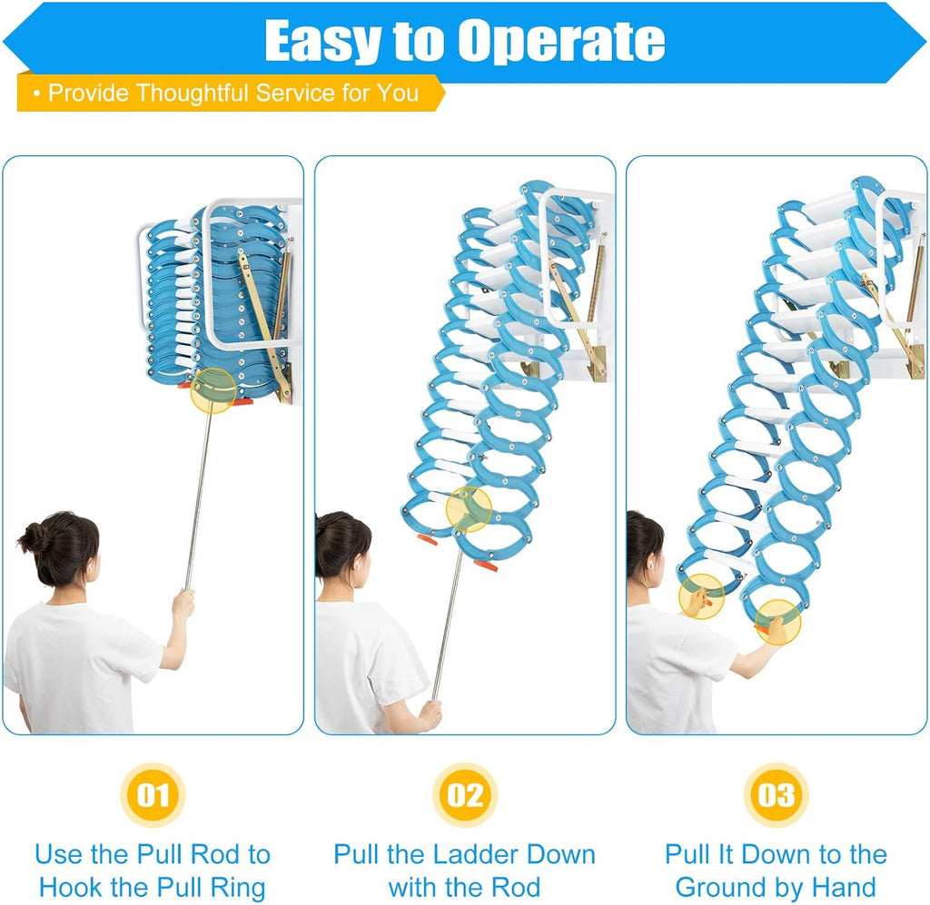 12 Steps Attic Ladder, Wall Mounted Pull Down Loft Steps Folding Stairs, 9.5-10.1Ft Height Aluminum Alloy Narrow Attic Extension Ladder w/Armrests for Basements Warehouses (12, Blue)