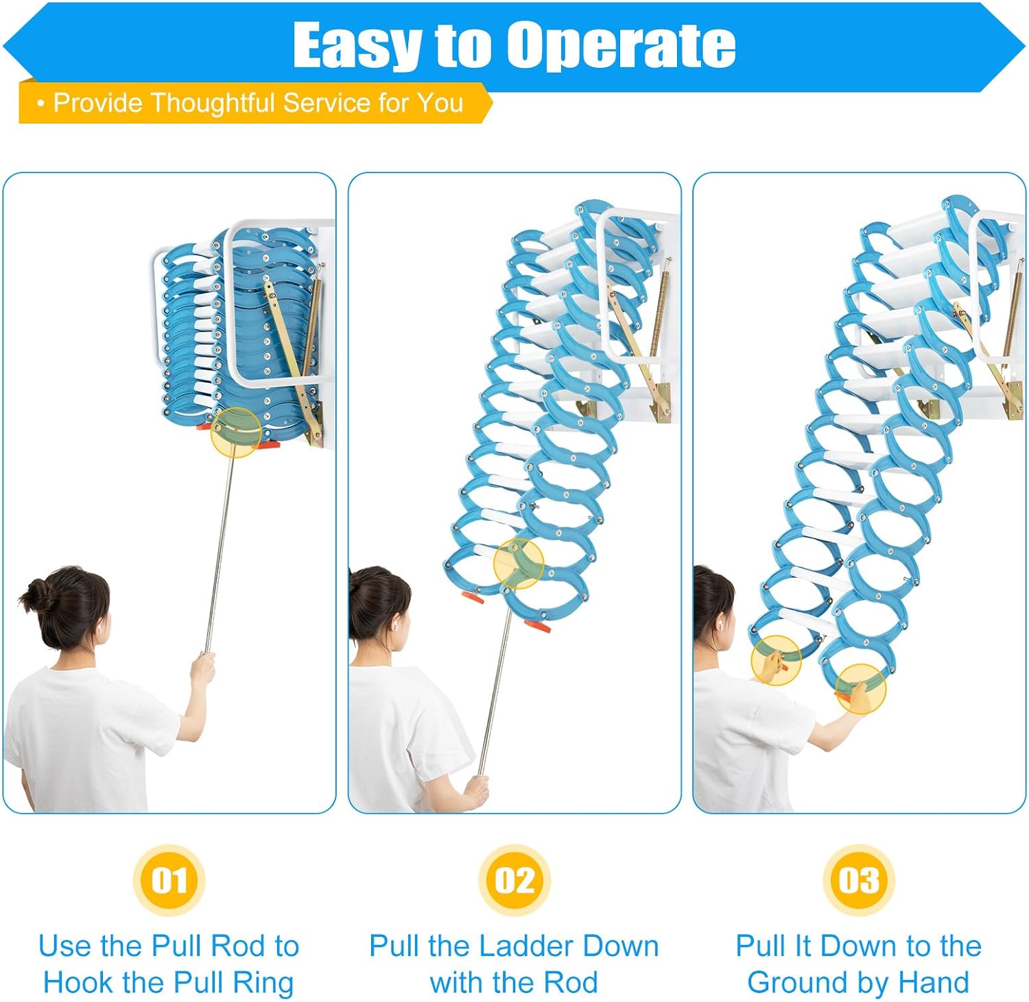 12 Steps Attic Ladder, Wall Mounted Pull Down Loft Steps Folding Stairs, 9.5-10.1Ft Height Aluminum Alloy Narrow Attic Extension Ladder w/Armrests for Basements Warehouses (12, Blue)