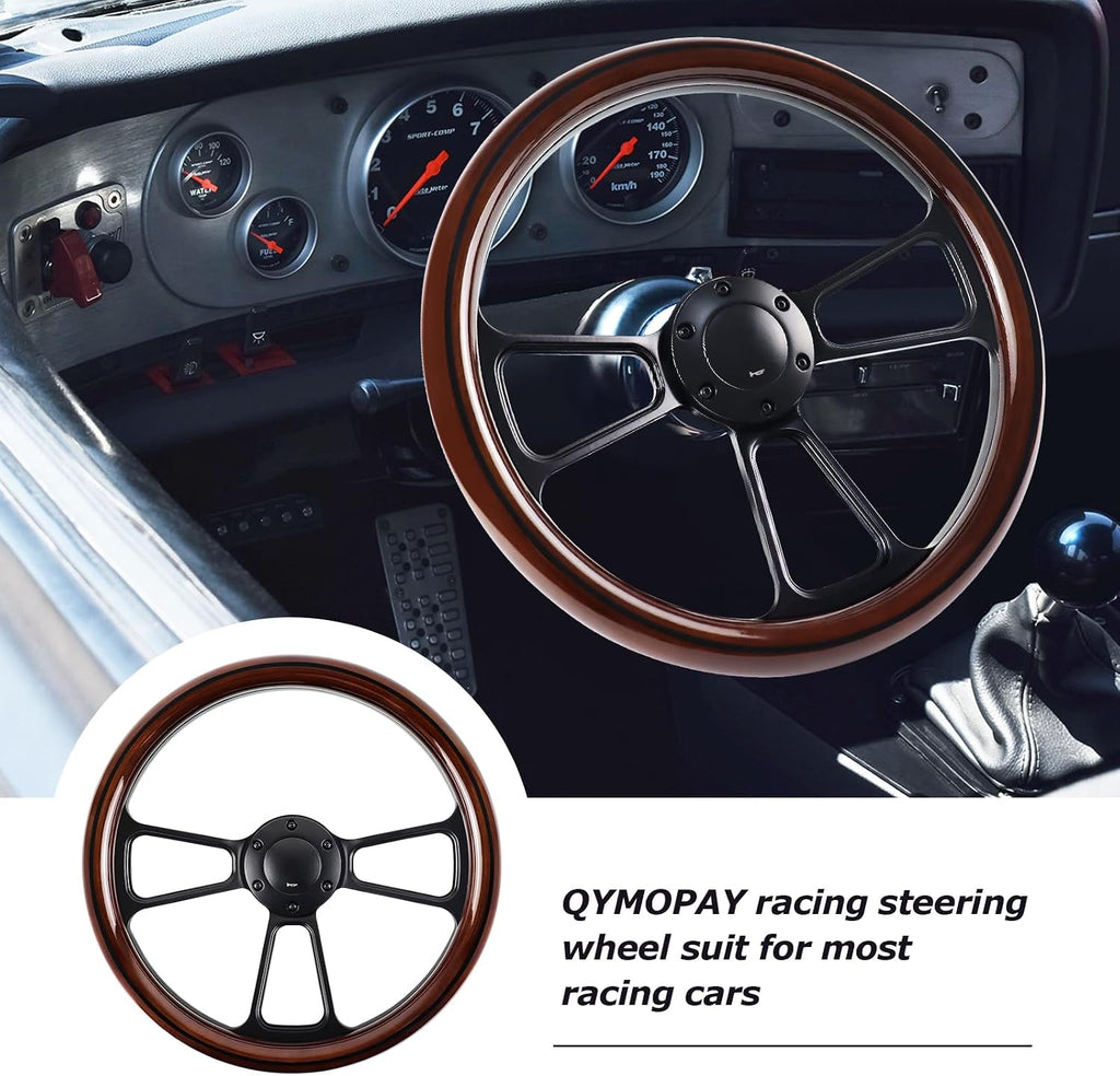 14 Inch Universal Wooden Racing Steering Wheel 6 Bolt Black Aluminum 3 Spoke Vintage with Horn Button for Racing/Rally/Motorsports Black Line Steering Wheel