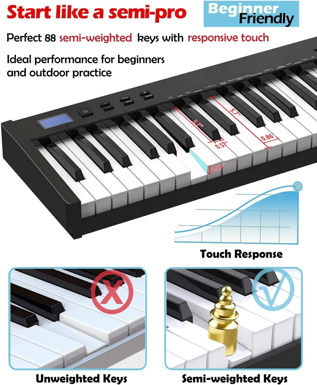 NikoMaku Semi-weighted 88 Keys Piano Keyboard Compact Portable Digital Piano Set for Beginners with Stand, Carrying Case, Sustain Pedal, Headphones, SWAN-S Black