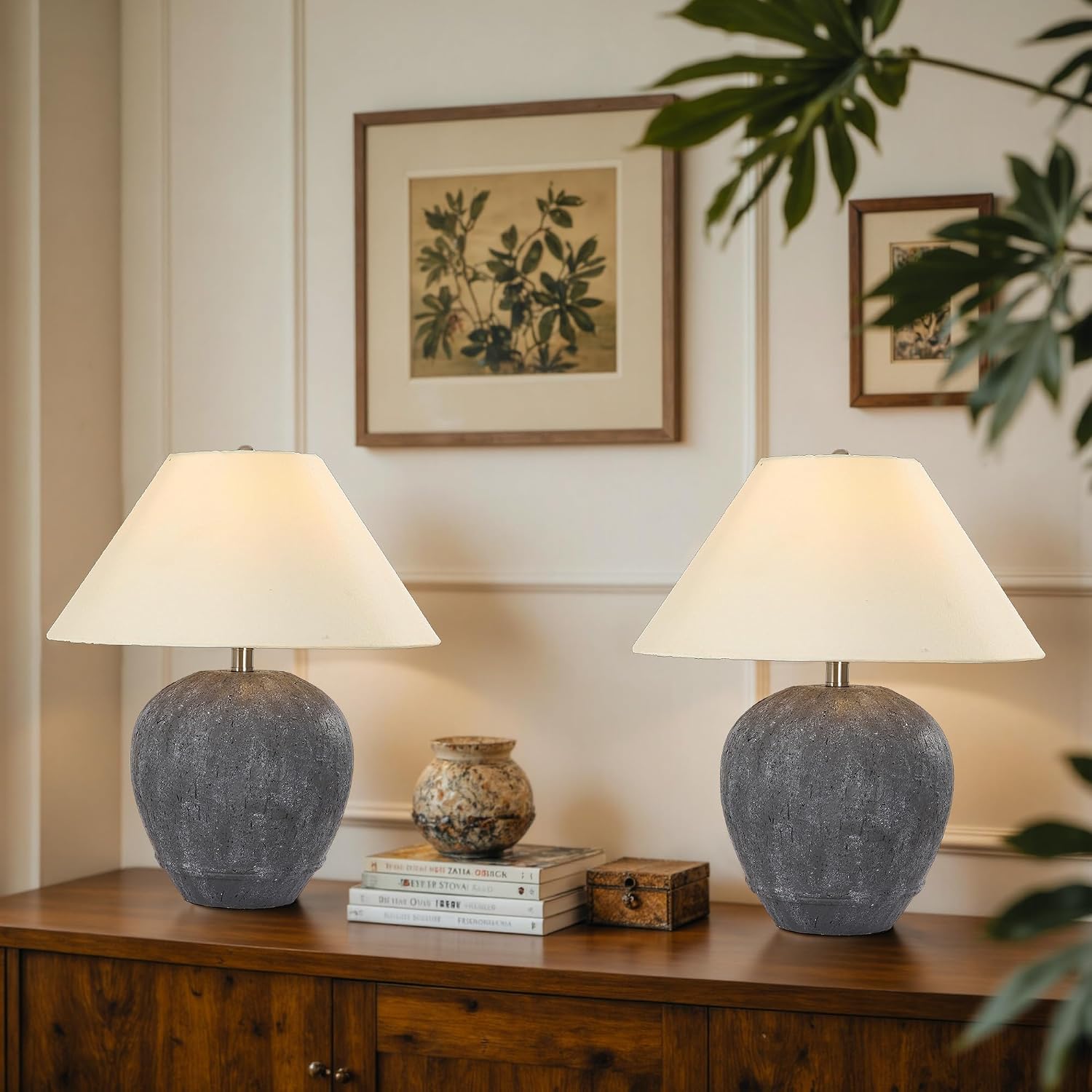 Pia Ricco 21'' Large Gray Base Ceramic Basin Table Lamp Set of 2 for Bedroom, Living Room, Dining Room, Office, White Shade