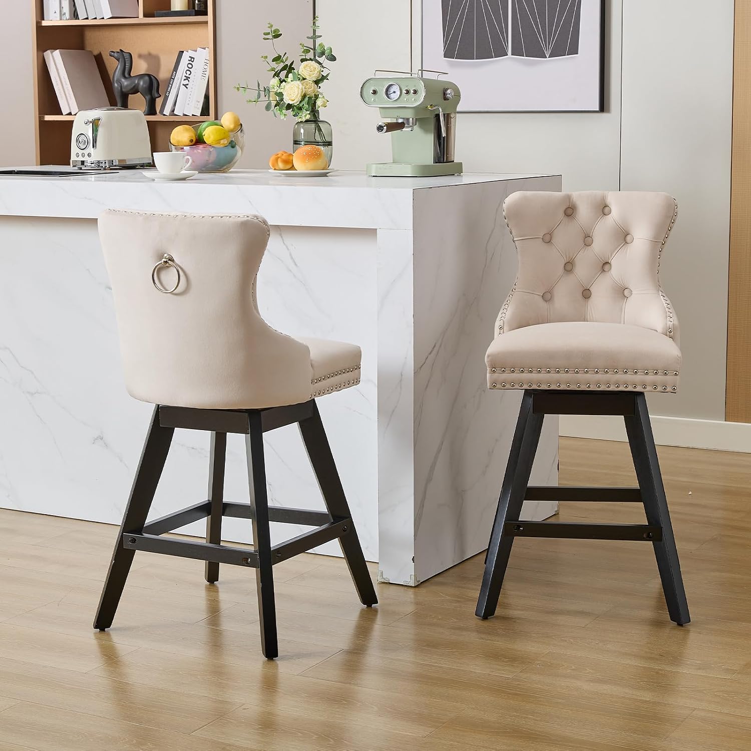 Velvet Bar Stools Set of 2, Modern Swivel Counter Height Stools, Upholstered Kitchen Island Chairs with Button Tufted Back, Rivet Trim, Solid Wood Legs, 26' H Seat, Beige