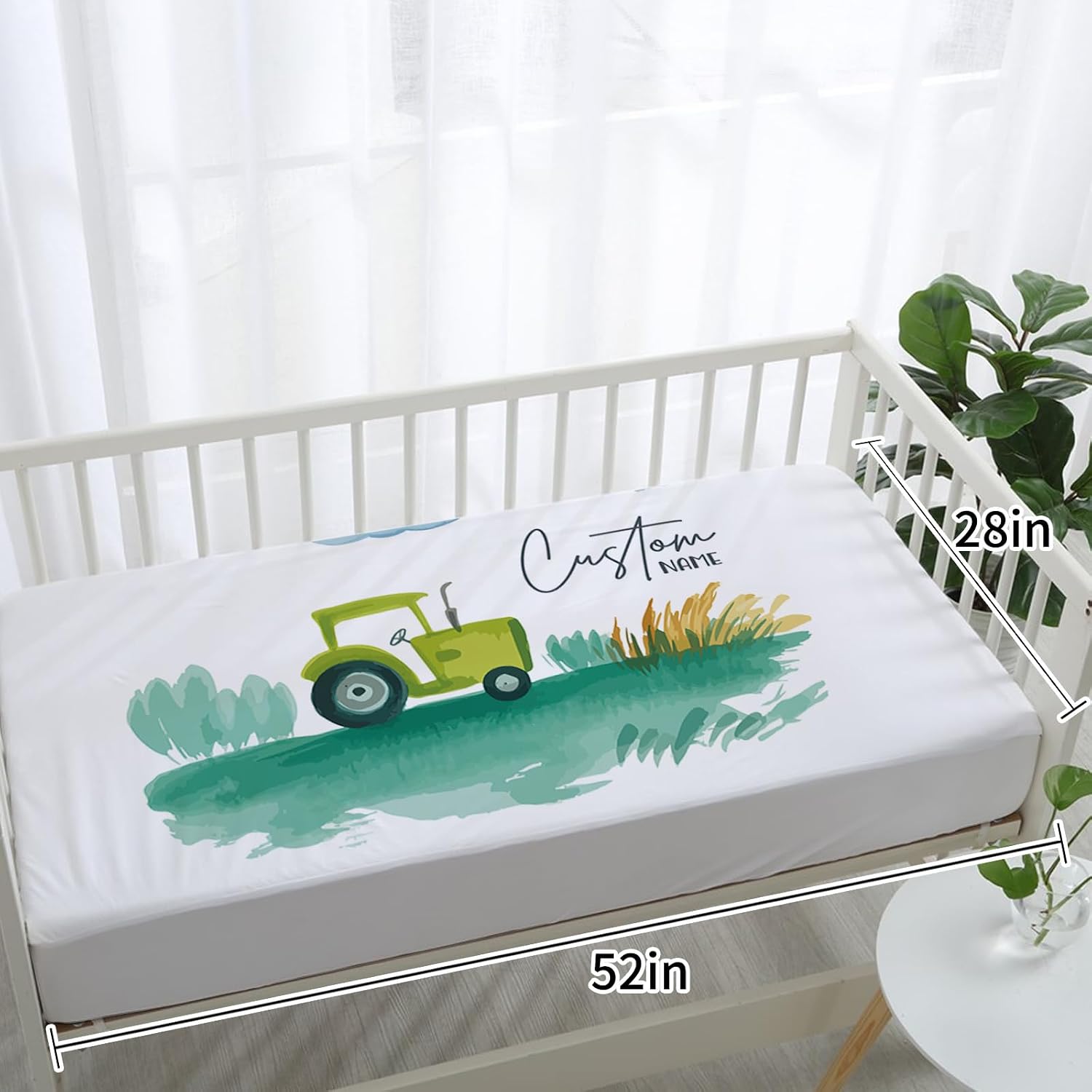 Personalized Crib Bedding Set for Baby Boys, Green Tractor Pattern Custom Name Baby Crib Sets 5-Pcs, Double Layer Baby Blanket Fitted Sheet Changing Pad Cover Rug Wall Art Set