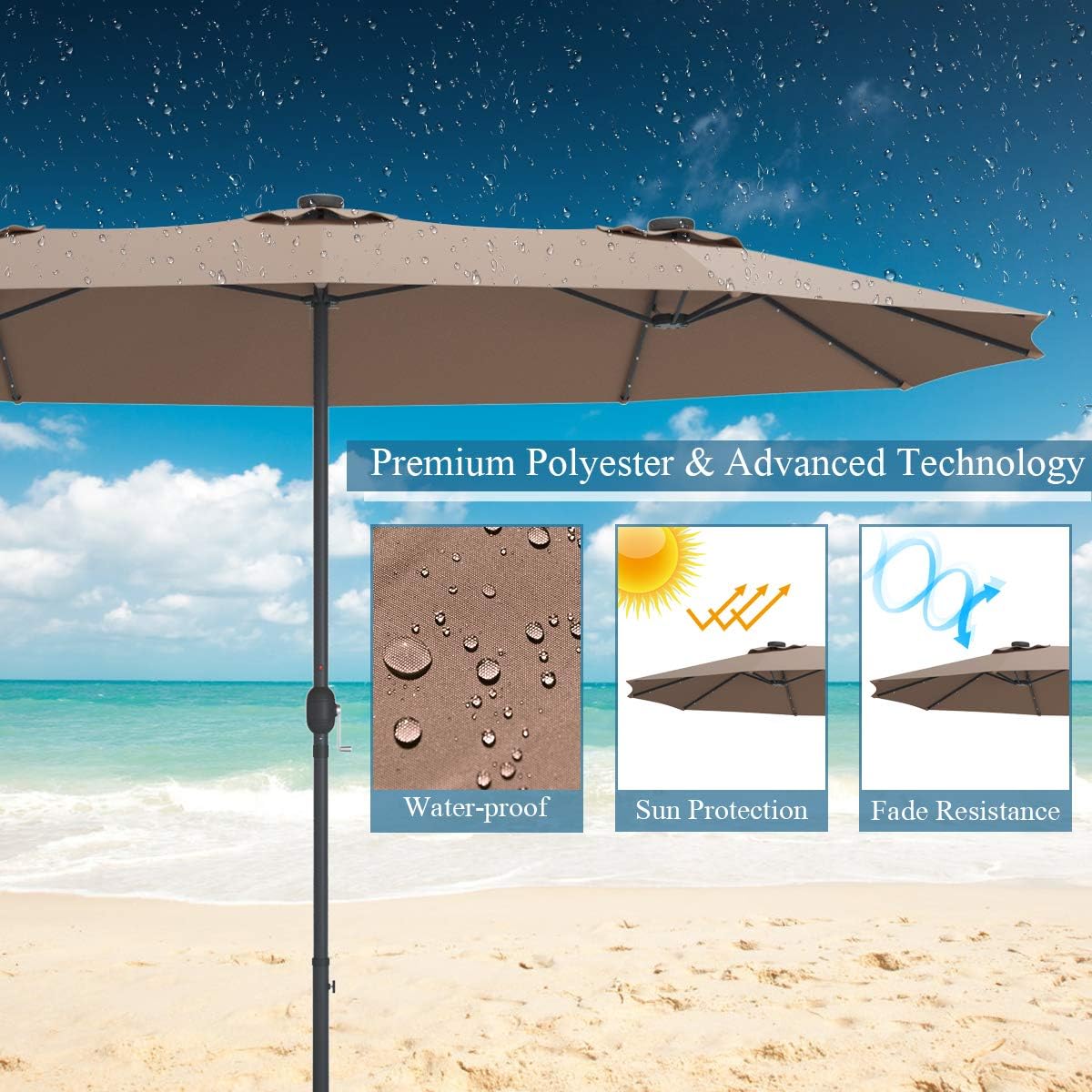 Tangkula 15 Ft Double Sided Patio Umbrella with Solar Lights, Extra Large Rectangle Outdoor Umbrella with 36 LED Lights & Crank Handle for Deck, Poolside, Garden, Backyard (Tan)