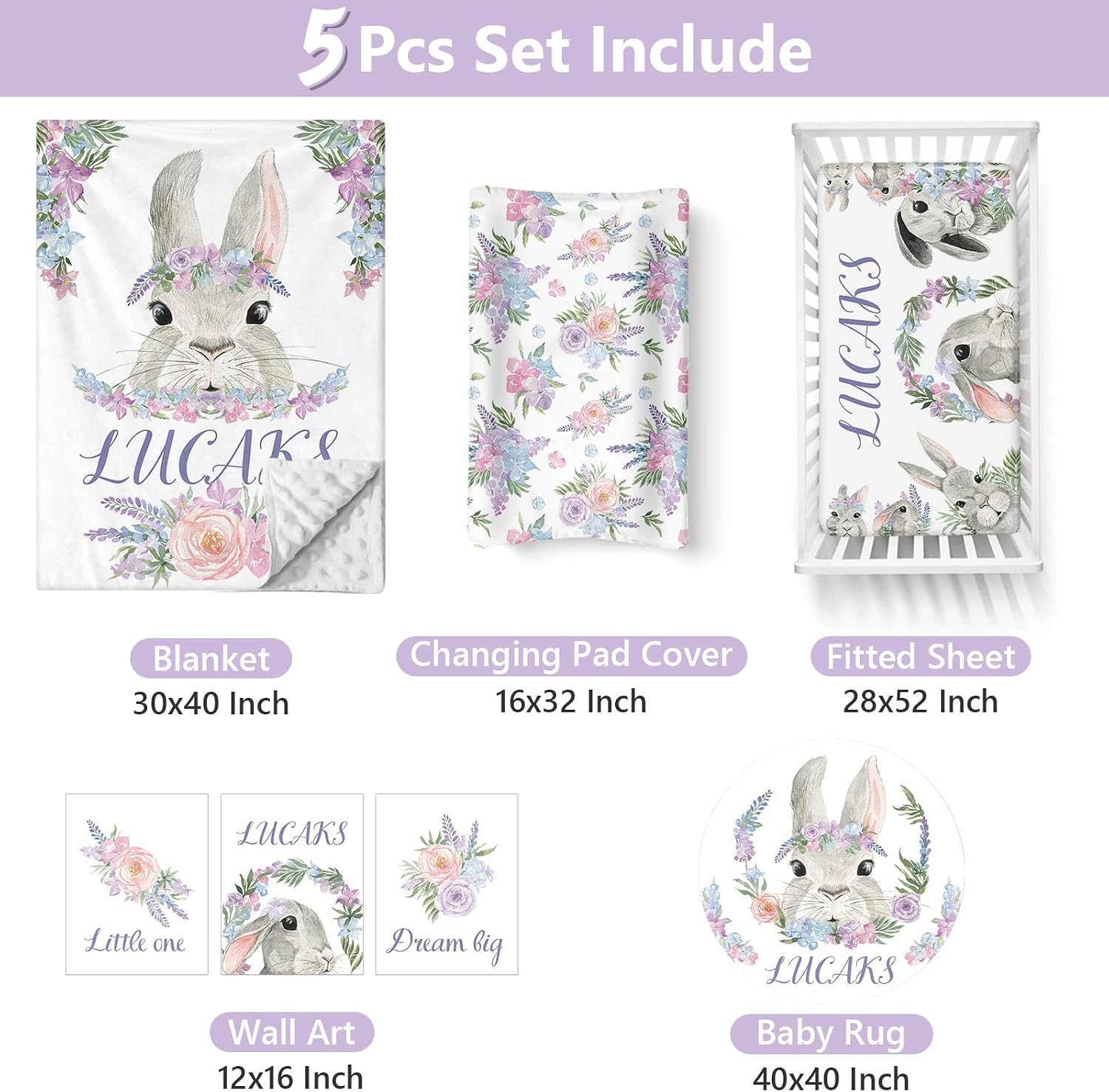 Custom Baby Crib Bedding Set, 5 PCS Personalized Name Baby Crib Sets for Girls Boys, Rabbit Theme Nursery Bedding Sets for Infant Toddler, Double Layer Flannel Bed Set Customized Gifts