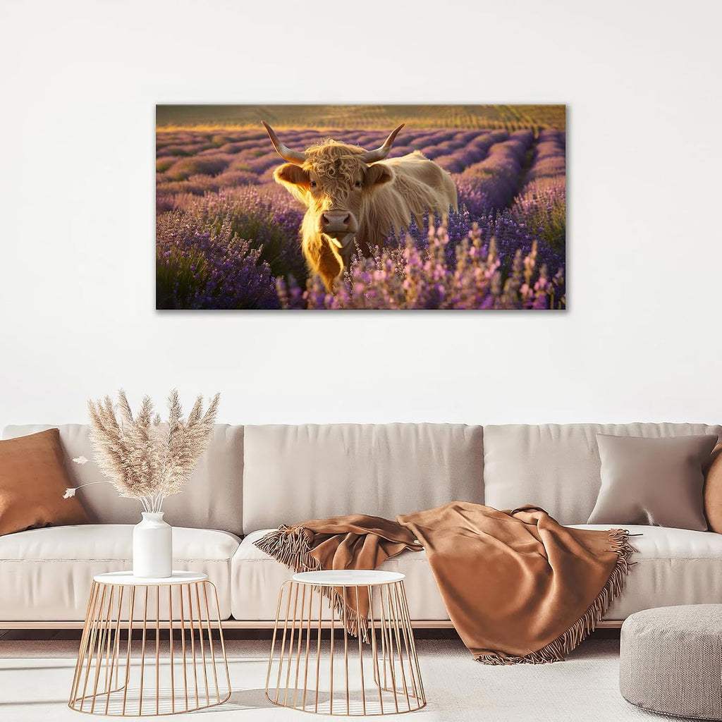 Large Highland Cow Wall Art Lavender Cow Pictures Wall Decor Country Landscape Cattle Canvas Painting Print Home Modern Artwork Decorations Framed for Bathroom Living Room Bedroom Office 60 x 30 inch
