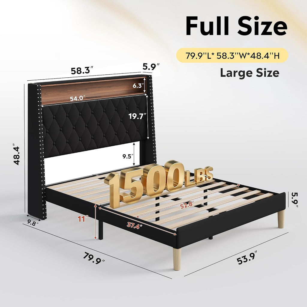 WLIVE Full Size Upholstered Bed Frame with 48'' Tall Wingback Headboard, Velvet Square Tufted Platform Beds with Charging Station, Sturdy Metal & Wooden Slats Support, Black