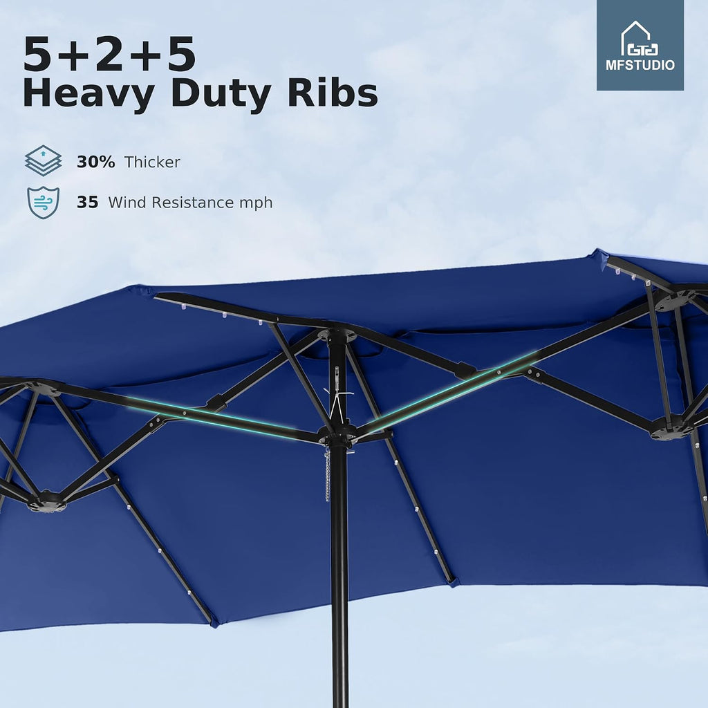 MFSTUDIO 15ft Double Sided Patio Umbrella with Solar Lights, Outdoor Large Umbrellas with Crank Handle and 36 LED Lights, Rectangular Market Umbrella with Base Included for Deck Pool Shade, Haze Blue