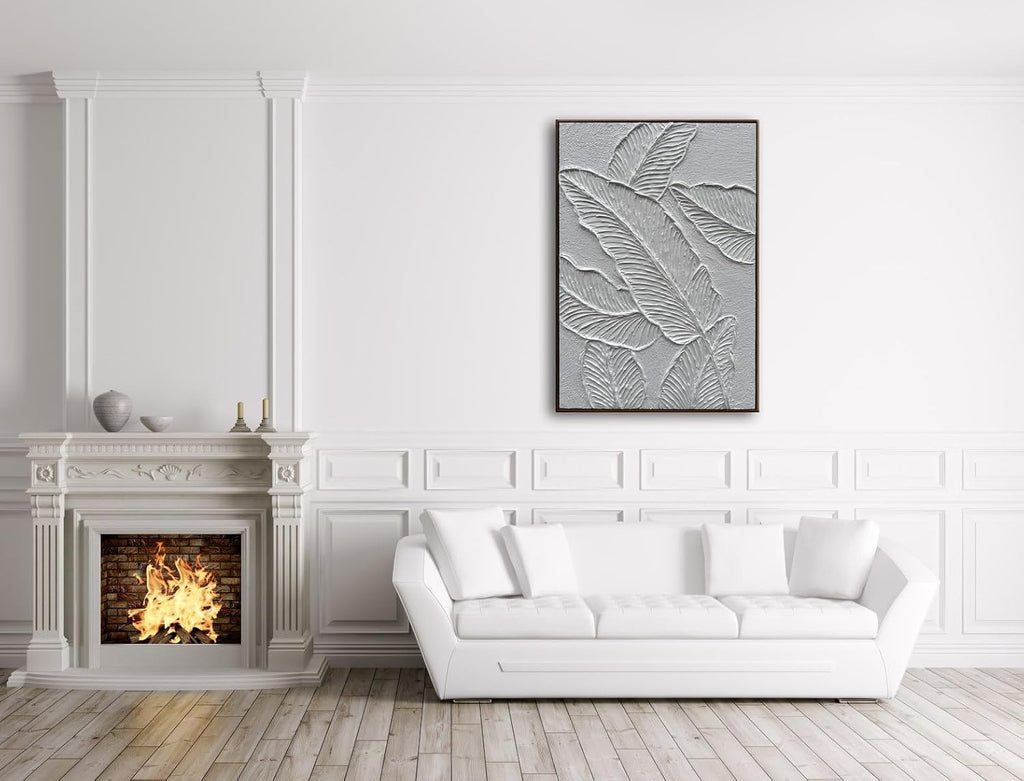Slyart White Textured Wall Art, Hand Painted Canvas Abstract Wall Art Framed, 3D Minimalist White Leaf Plant Painting 24'x36'
