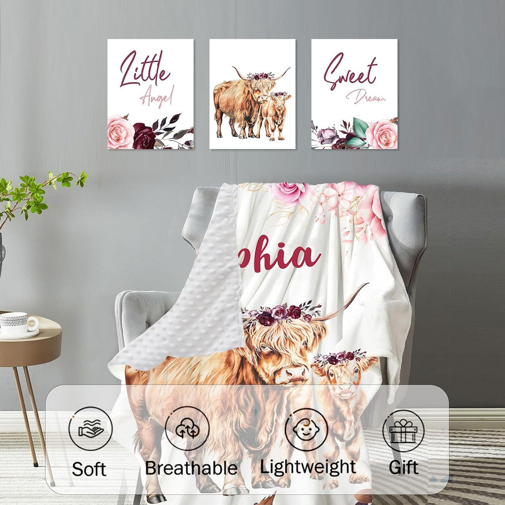 TOOTANN Custom Baby Crib Bedding Set, 5 Pcs Personalized Name Baby Crib Sheets for Kid Toddler Infant, Highland Cow Mother and Calf Nursery Bedding Set