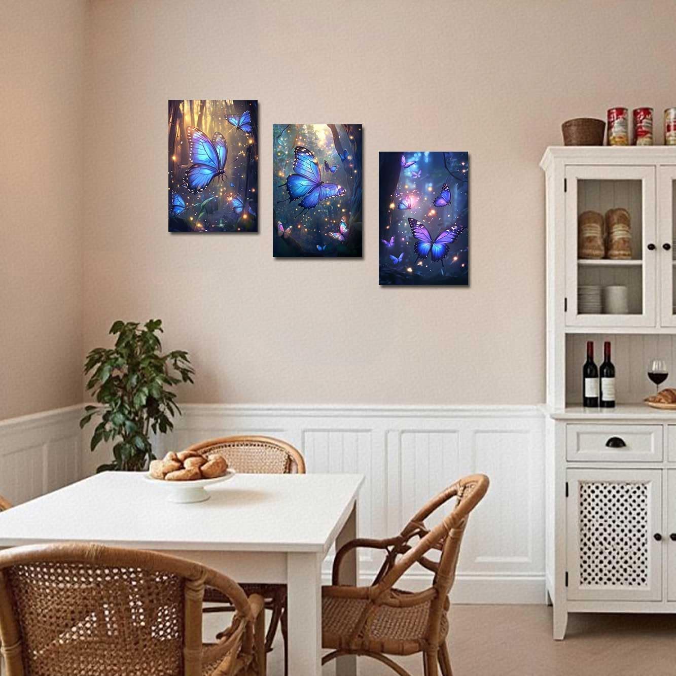 LZIMU 3Pcs Butterfly Wall Art Blue and Purple Butterflies Picture Fantasy Forest Painting Abstract Modern Canvas Print Nature Artwork Girls Bedroom Room Decor (24x36inx3 Pieces)