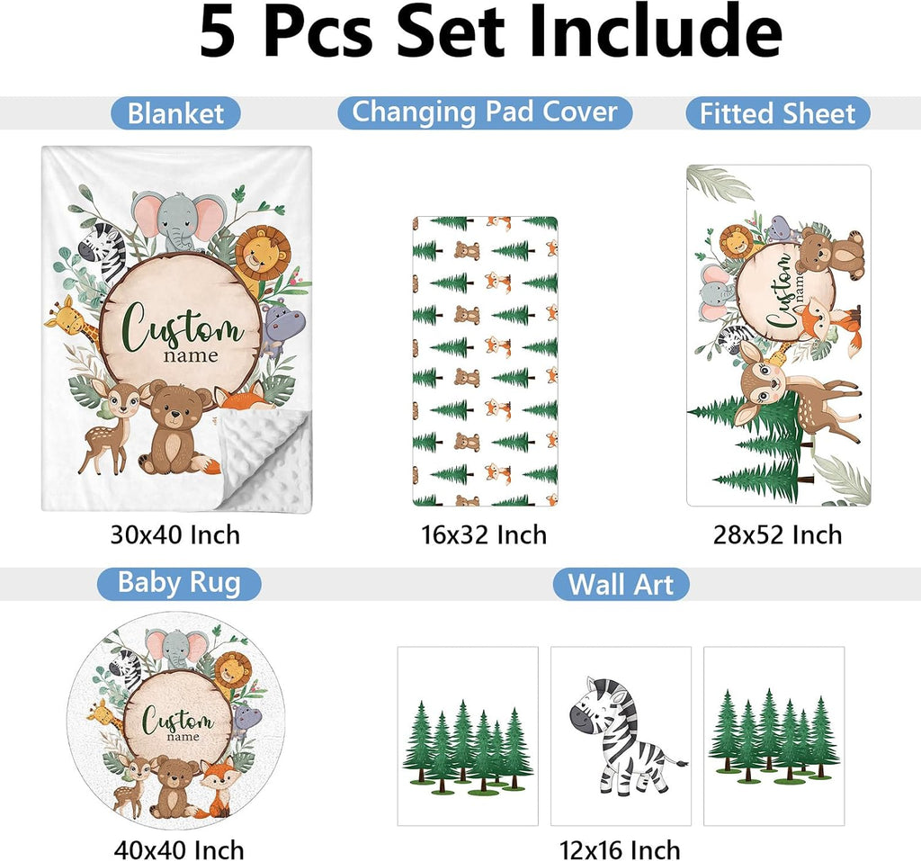 KAINSY Personalized Baby Crib Bedding Set, 5 Pcs Custom Nursery Bedding Set for Girl Boy, Soft Jungle Animals Crib Set with Name, Double Layer Baby Bedding Crib Set, Toddlers Infants Customized Gift
