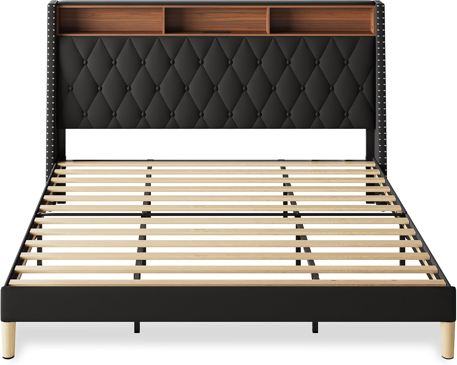 WLIVE King Size Upholstered Bed Frame with 48'' Tall Wingback Headboard, Velvet Square Tufted Platform Beds with Charging Station, Sturdy Metal & Wooden Slats Support, Black