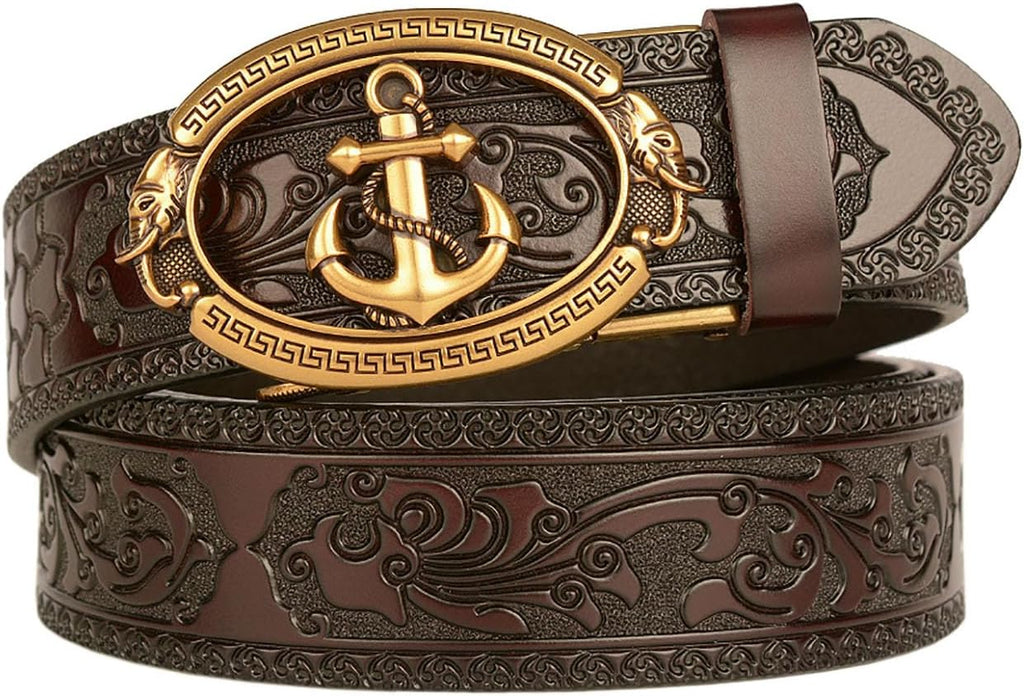 Mens Ratchet Leather Belt, Genuine Leather belts, Engraved Vintage Dragon Eagle Tiger Buckle, Business leisure belt