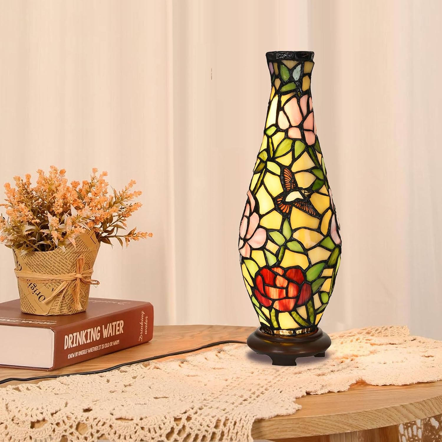 A0010 Tiffany Style Vase Table Lamp LED with 3 Lighting Modes and 10 Brightness Dimming, Handmade Stained Glass Accent Lamp for Bedside Livingroom Bedroom Home Decoration