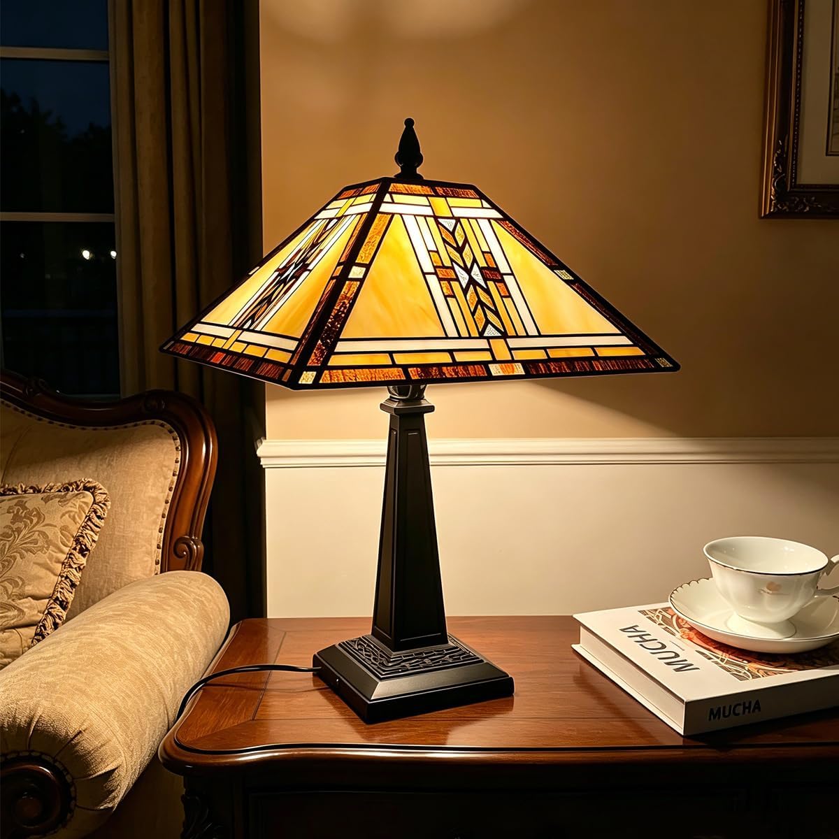 Tiffany Table Lamp,Mission Stained Glass Table Light,Antique Style Medium Size Desk Lamp Vintage Beside Reading Lamp for Living Room Bedroom Office