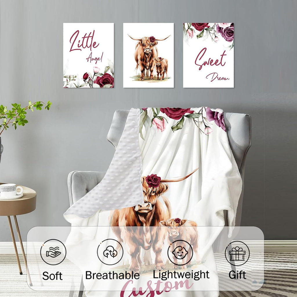 Personalized Nursery Crib Bedding Set: Custom Name 5 Piece Baby Crib Sets with Rose Highland Cow Pattern - Toddler Double Layer Blanket Set, Comfortable Crib Bed Sheets for Baby Grils