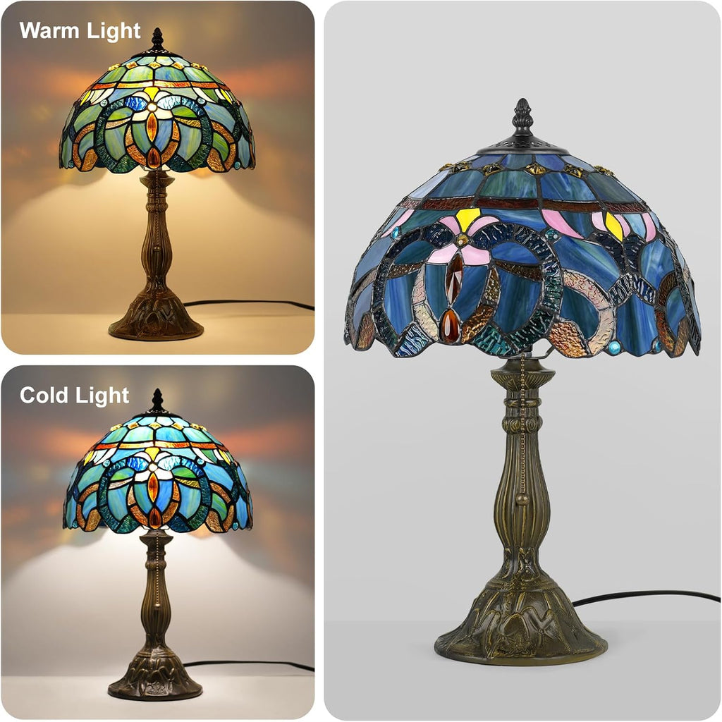 MOAN Lamp Stained Glass Table Lamp 12X12X19 Inch Bedside Reading Light Antique Bronze Base(Blue Baroque Style)