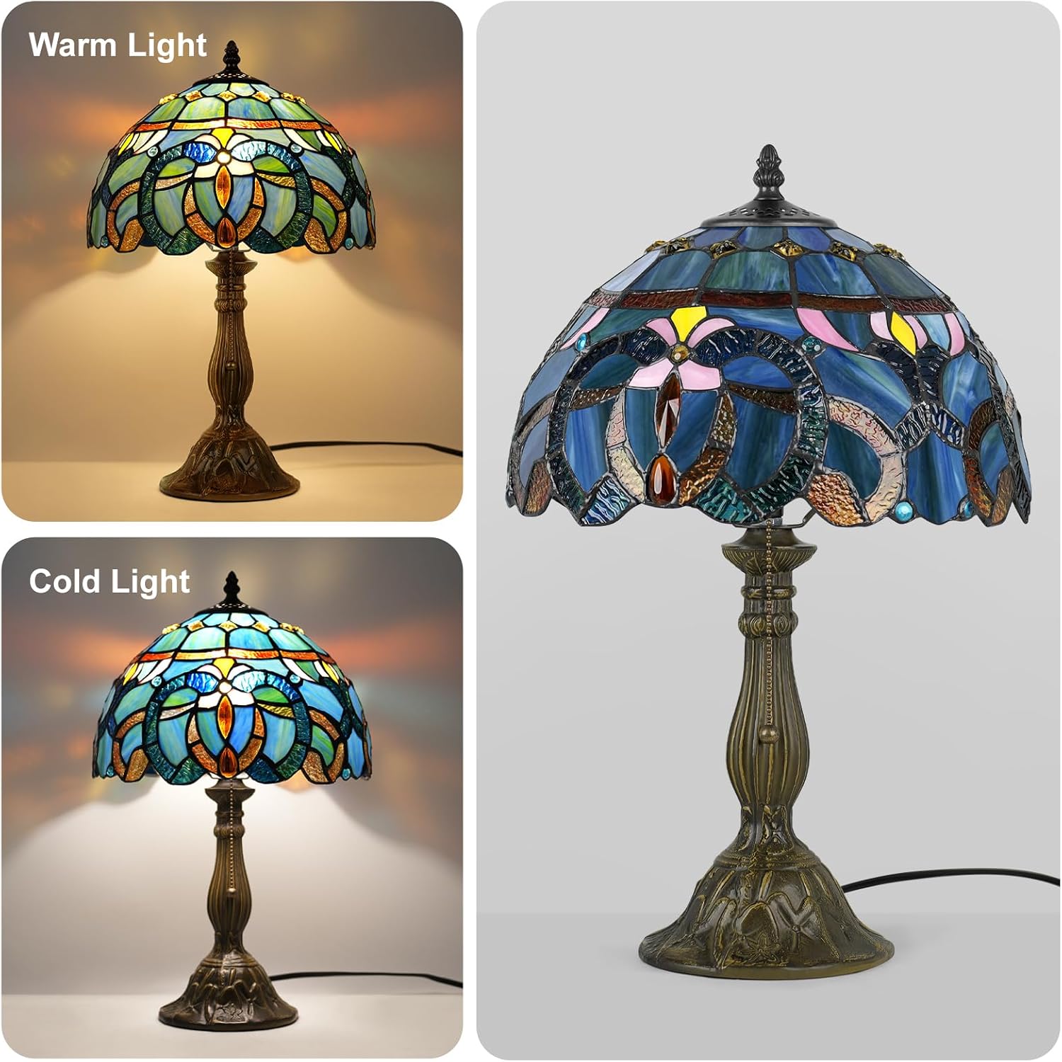 MOAN Lamp Stained Glass Table Lamp 12X12X19 Inch Bedside Reading Light Antique Bronze Base(Blue Baroque Style)
