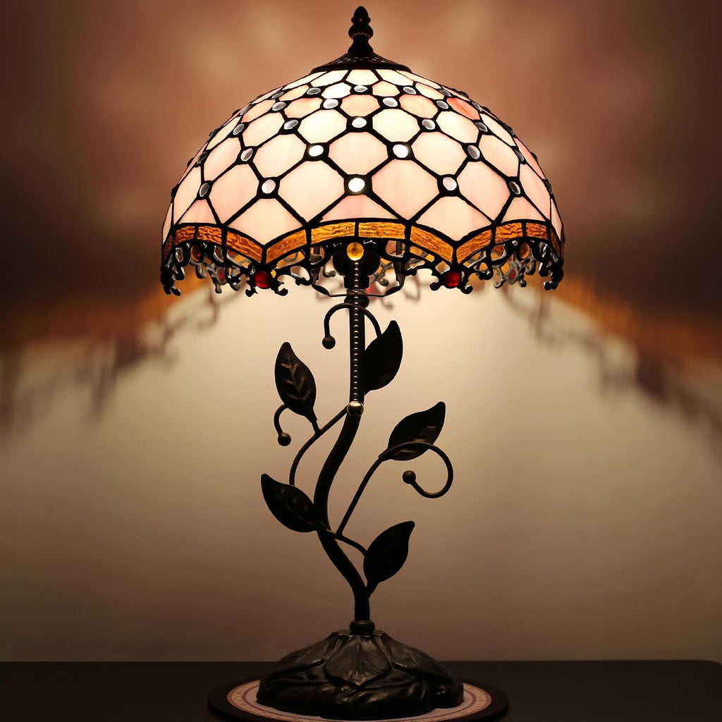 Tiffany Lamp Stained Glass Style Table Lamp Pink Beads Style Bedside Desk Reading Light W12H19 Inch Metal Leaf Base with Metal Leaf Base