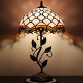 Tiffany Lamp Stained Glass Style Table Lamp Pink Beads Style Bedside Desk Reading Light W12H19 Inch Metal Leaf Base with Metal Leaf Base