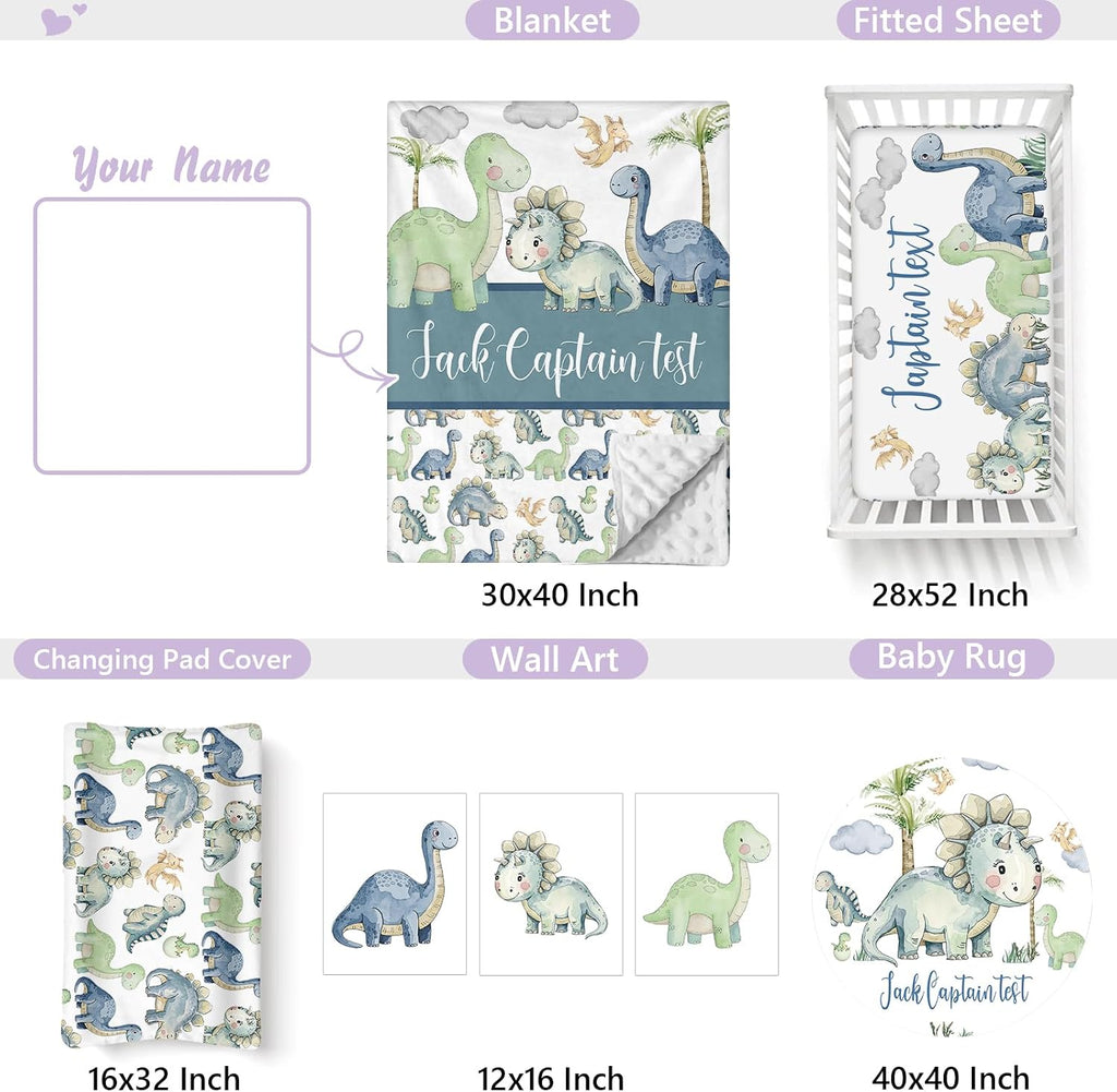 Personalized Baby Crib Bedding Set, 5 Pcs Custom Name Nursery Bedding Set for Girls Boys, Green Dinosaur Baby Crib Set for Toddlers Infants, Double Layer Bedding Crib Sets Customized Gifts