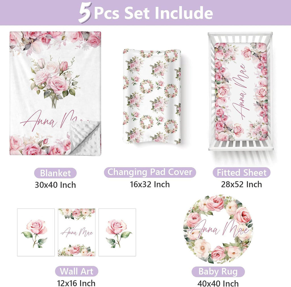 Custom Baby Crib Bedding Set, 5 PCS Personalized Name Baby Crib Sets for Girls Boys, Pink Flower Theme Nursery Bedding Sets for Infant Toddler, Double Layer Flannel Bed Set Customized Gifts