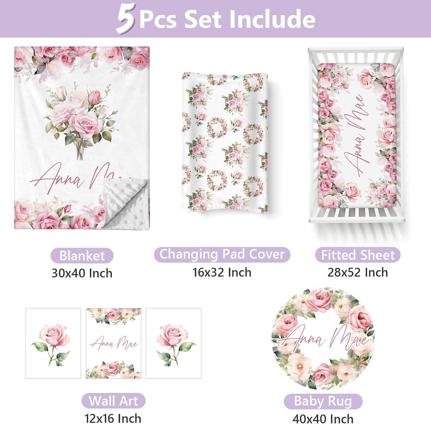 Custom Baby Crib Bedding Set, 5 PCS Personalized Name Baby Crib Sets for Girls Boys, Pink Flower Theme Nursery Bedding Sets for Infant Toddler, Double Layer Flannel Bed Set Customized Gifts