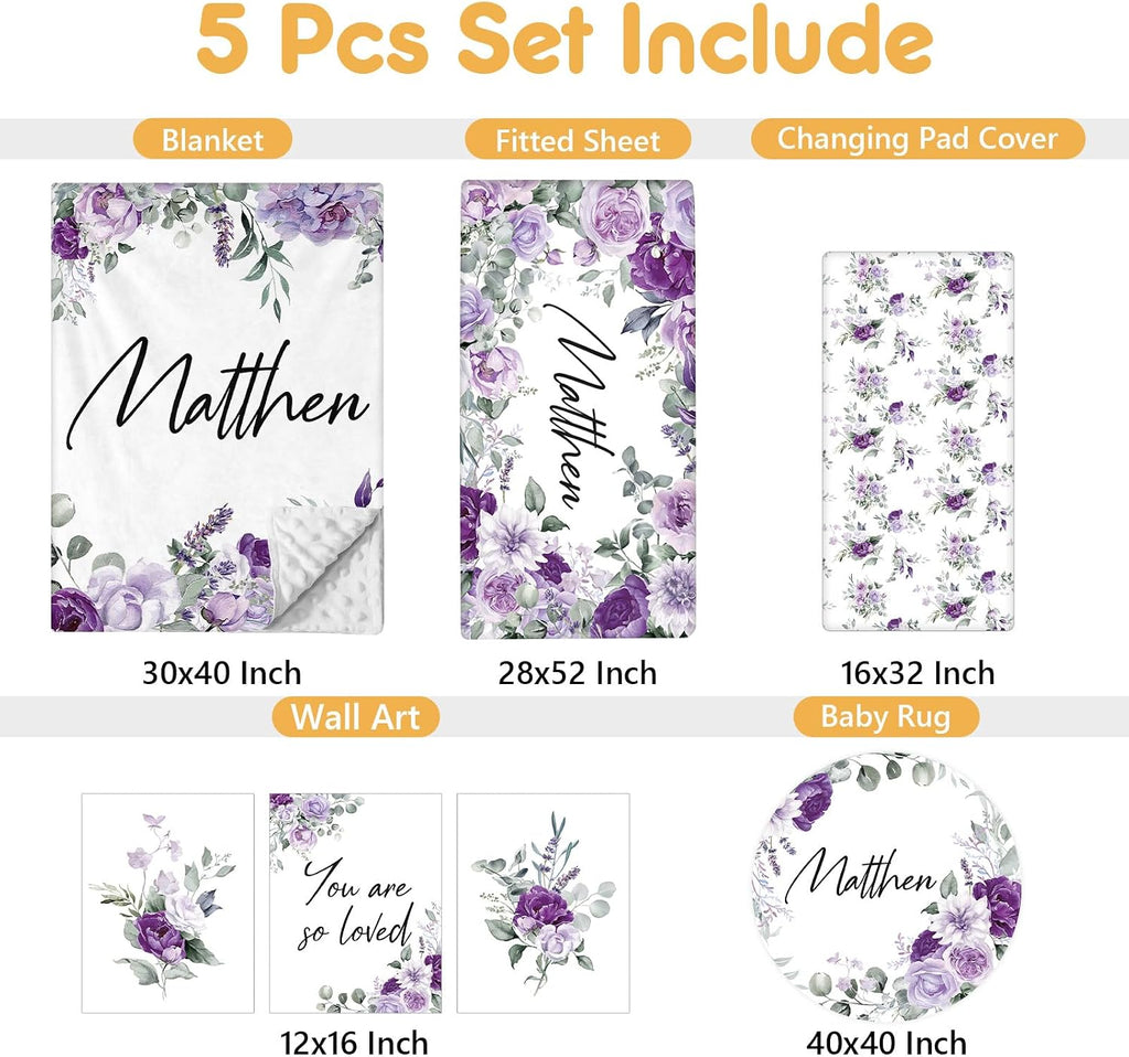 Terwex Personalized Baby Bedding Set - 5 Pcs Custom Toddlers Bedding Set with Infant Name - Soft Double Layer Nursery Crib Set for Girls Boys - Customized Infant Gifts for Baby Shower - Purple Flowers