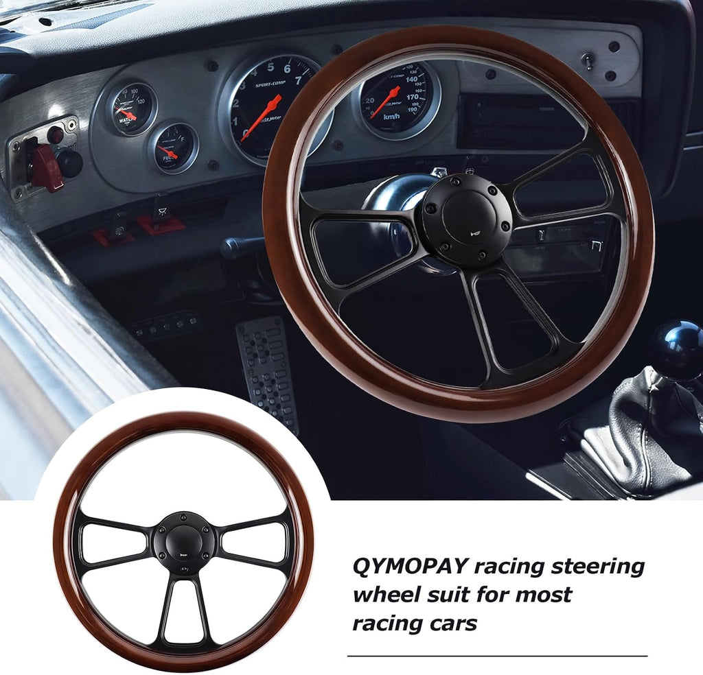 Universal 14 Inch Wooden Racing Steering Wheel 6 Bolt Black Aluminum 3 Spoke Vintage with Horn Button for Racing/Rally/Motorsports Racing Steering Wheel