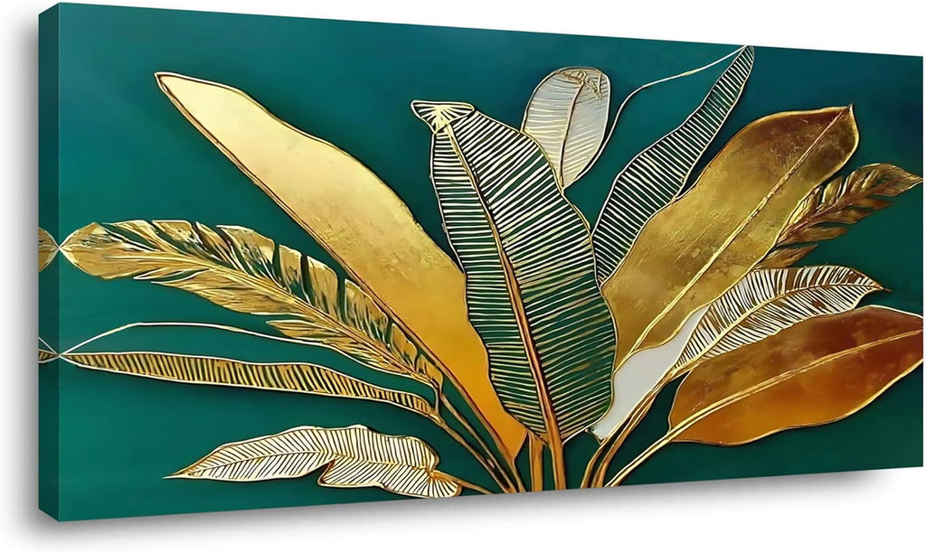 IDAFU Green Leaf Wall Art, Green and Gold Leaves Wall Painting, Emerald Green Tropical Botanical Décor Canvas Prints, Abstract Sage Boho Painting for Office Home Décor, Ready to Hang 60L x 30W